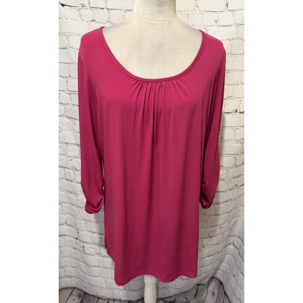 Susan Graver QVC Liquid Knit Fuchsia Round Neck 3/4 Sleeve Top Blouse Medium